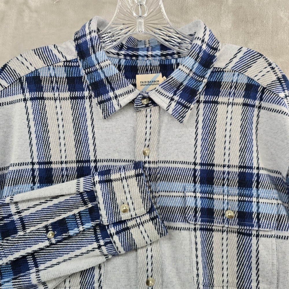 Fair Harbor Button Up Mens Large Blue Plaid‎ Dunewood Flannel Stretch Shirt SOFT